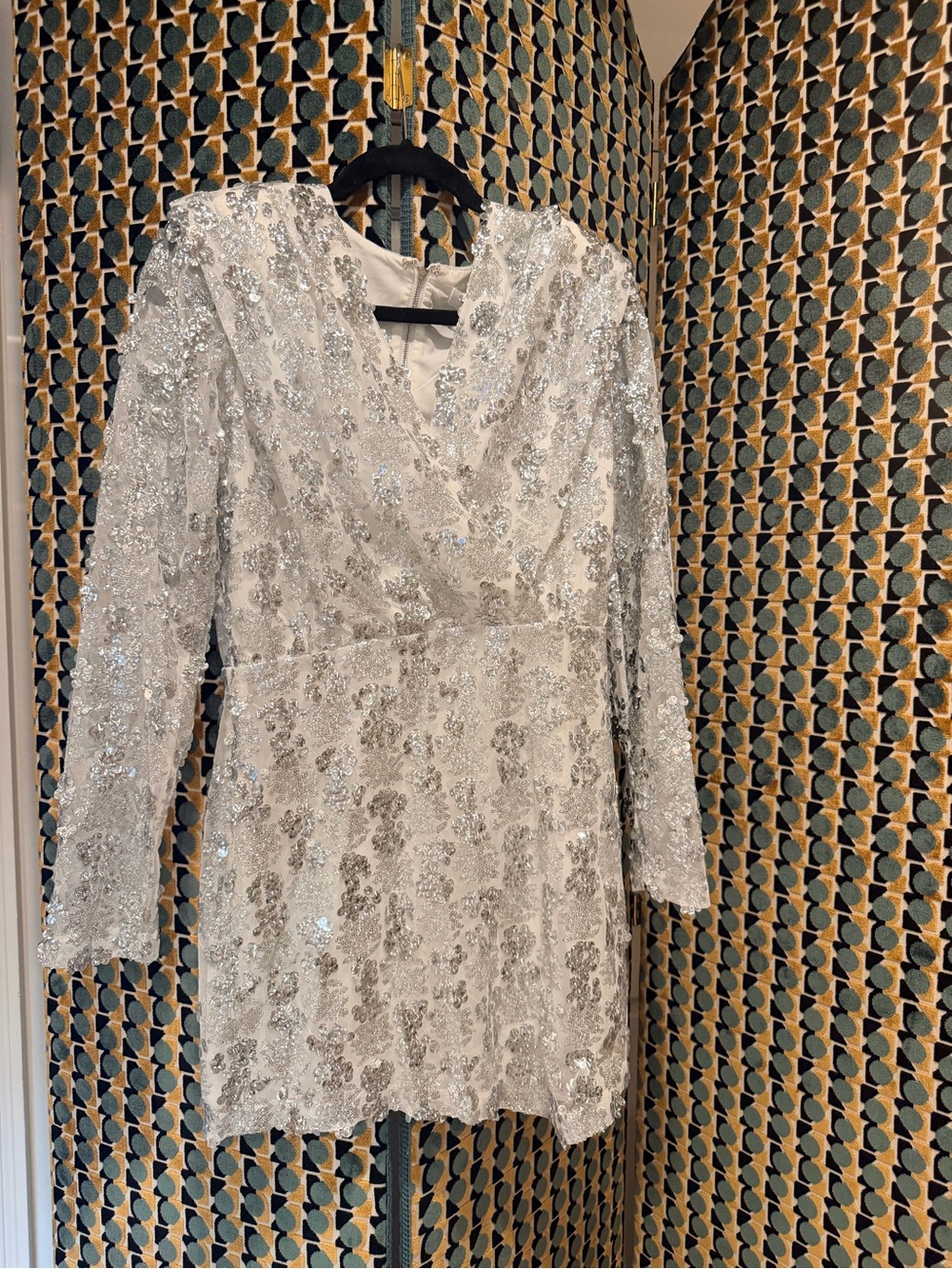 Amanda Uprichard Silver Sequin Long Sleeve Wrap Dress
